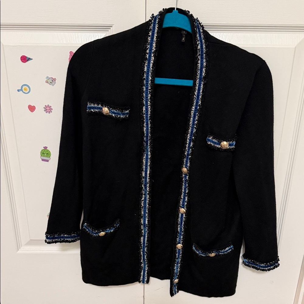 Maje Black Cardigan with Multicolor Bouclé Trim and Gold Buttons